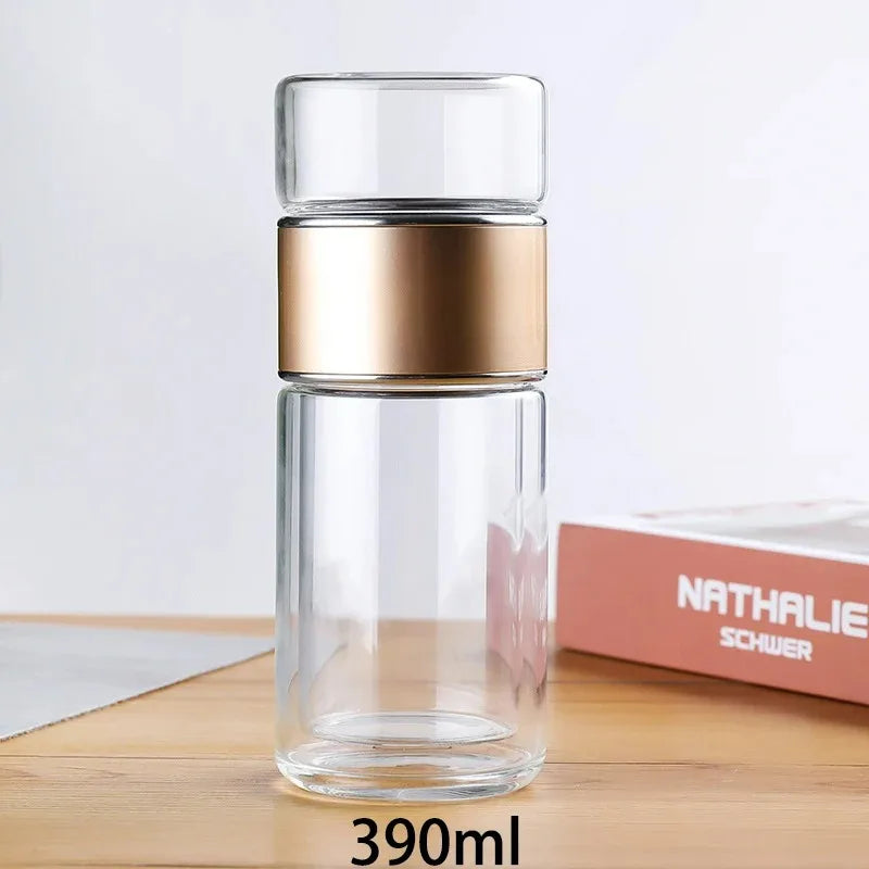 420ML Double-Layer Glass Tea Infuser Bottle – Heat-Resistant Borosilicate with Stainless Steel Lid