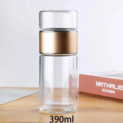 420ML Double-Layer Glass Tea Infuser Bottle – Heat-Resistant Borosilicate with Stainless Steel Lid