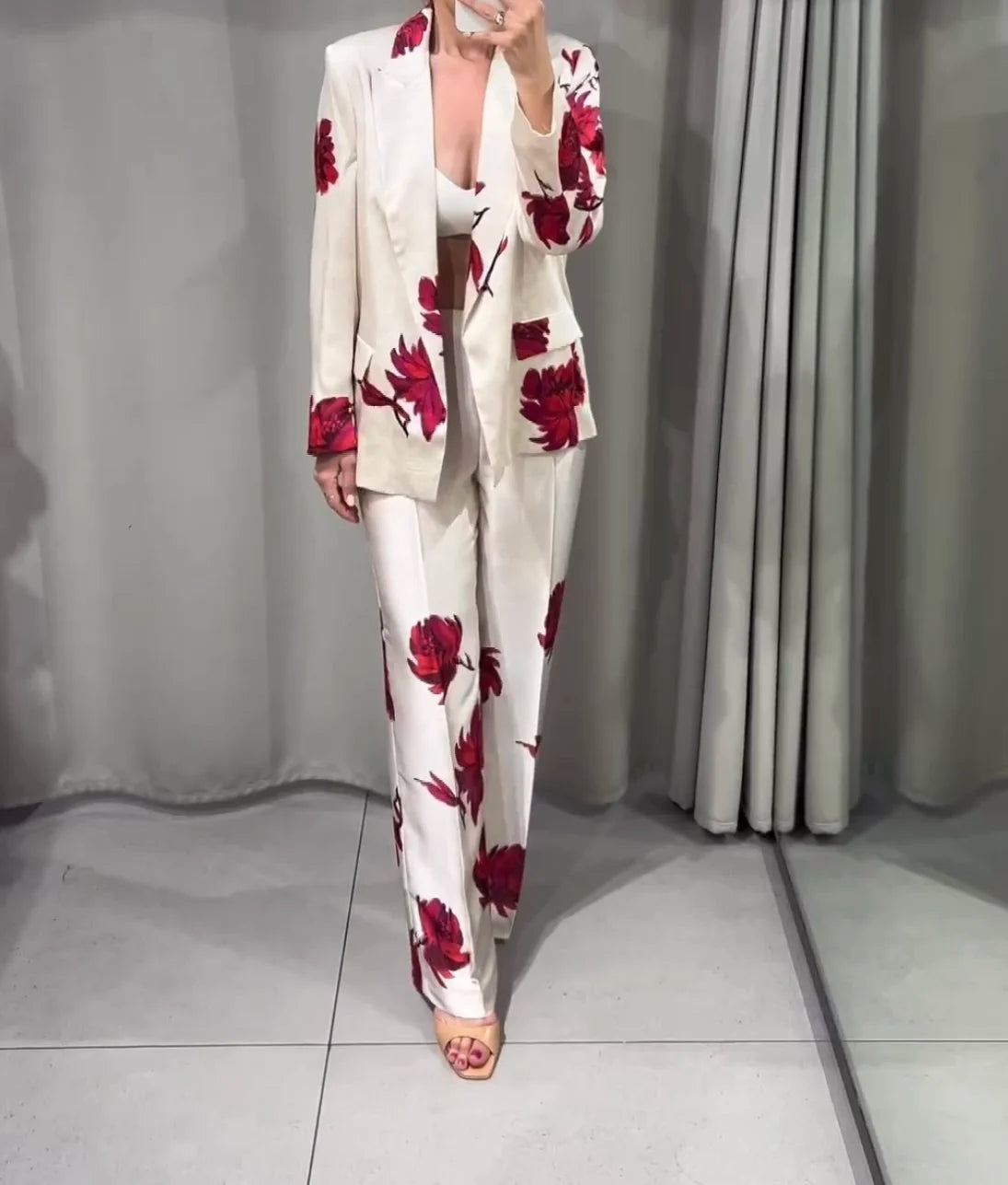 Floral Print Blazer & Pants Two-Piece Suit – Beige with Red Accents | UniVibe Shop