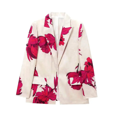 Floral Print Blazer & Pants Two-Piece Suit – Beige with Red Accents | UniVibe Shop