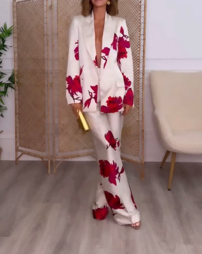 Floral Print Blazer & Pants Two-Piece Suit – Beige with Red Accents | UniVibe Shop