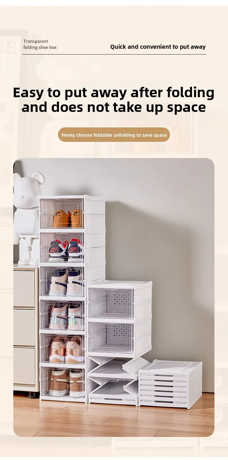 Foldable Shoe Organizer – No Assembly Stackable Dustproof Space-Saving Cabinet for Dorm or Home