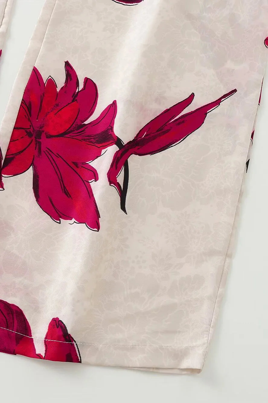 Floral Print Blazer & Pants Two-Piece Suit – Beige with Red Accents | UniVibe Shop