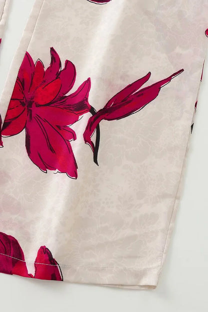 Floral Print Blazer & Pants Two-Piece Suit – Beige with Red Accents | UniVibe Shop