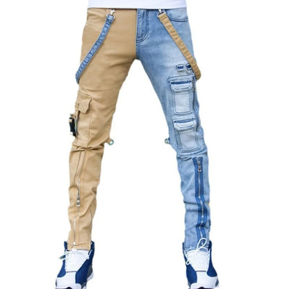 Men’s Patchwork Denim Jeans – Slim Fit Cargo Style Pants with Zipper Pockets | UniVibe Shop