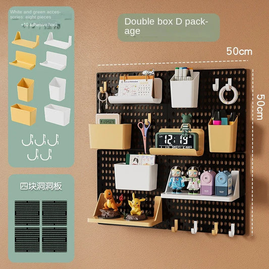 Kawaii wall-mounted pegboard shelf for dorm organization, with adhesive backing and multi-purpose hooks.
