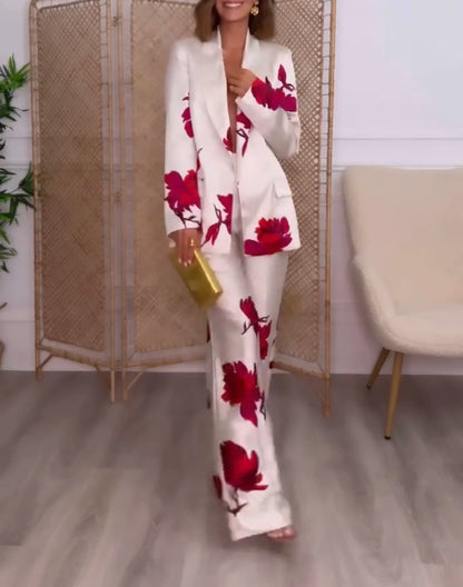 Floral Print Blazer & Pants Two-Piece Suit – Beige with Red Accents | UniVibe Shop
