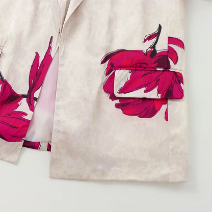 Floral Print Blazer & Pants Two-Piece Suit – Beige with Red Accents | UniVibe Shop