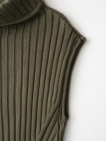 Ribbed Knit High-Neck Sleeveless Vest – Army Green