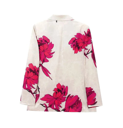 Floral Print Blazer & Pants Two-Piece Suit – Beige with Red Accents | UniVibe Shop