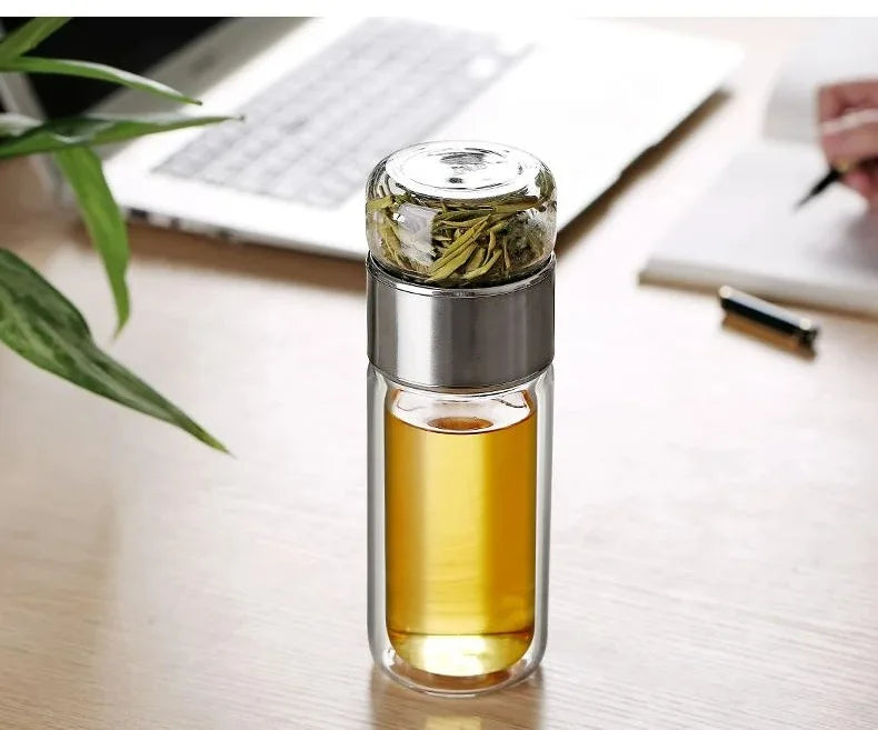 420ML Double-Layer Glass Tea Infuser Bottle – Heat-Resistant Borosilicate with Stainless Steel Lid