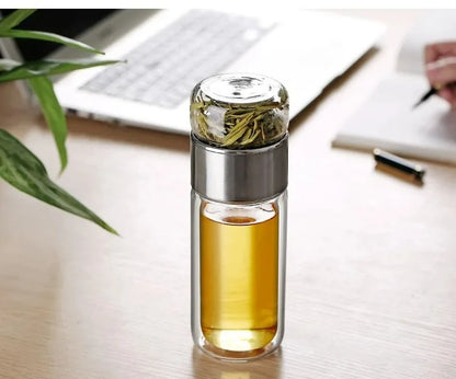 420ML Double-Layer Glass Tea Infuser Bottle – Heat-Resistant Borosilicate with Stainless Steel Lid