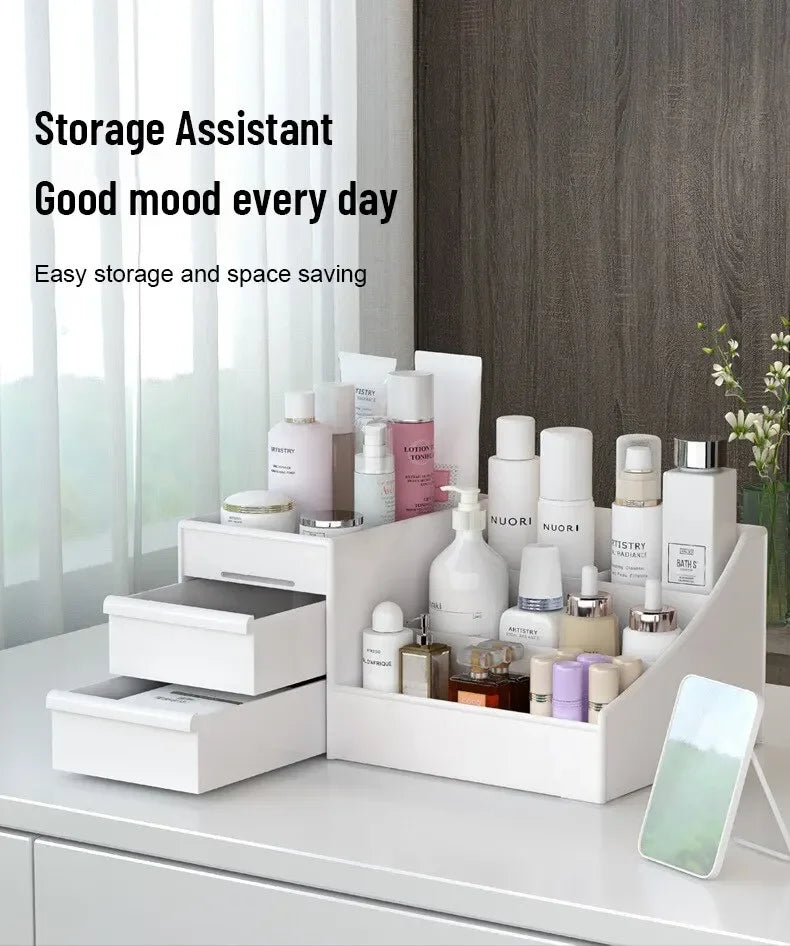 White Drawer Makeup Storage Box – Compact Dorm Organizer for Cosmetics & EssentialsCare Dressing Table Desktop