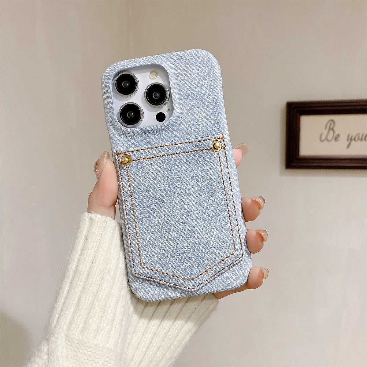 Luxury Denim Leather Card Bag Case For iPhone