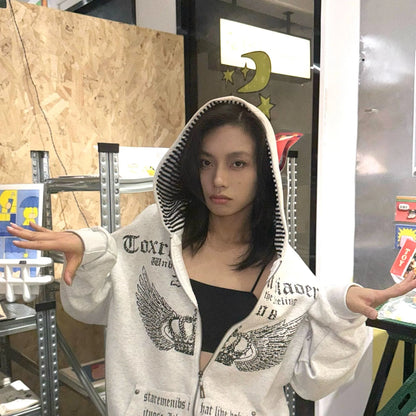 UniVibe Vintage Zip Hoodie White Print Streetwear Sweatshirt