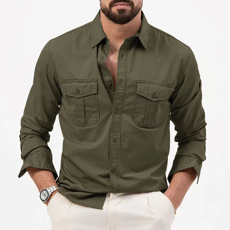 Men’s Army Green Long Sleeve Shirt – Business Casual & Streetwear Style