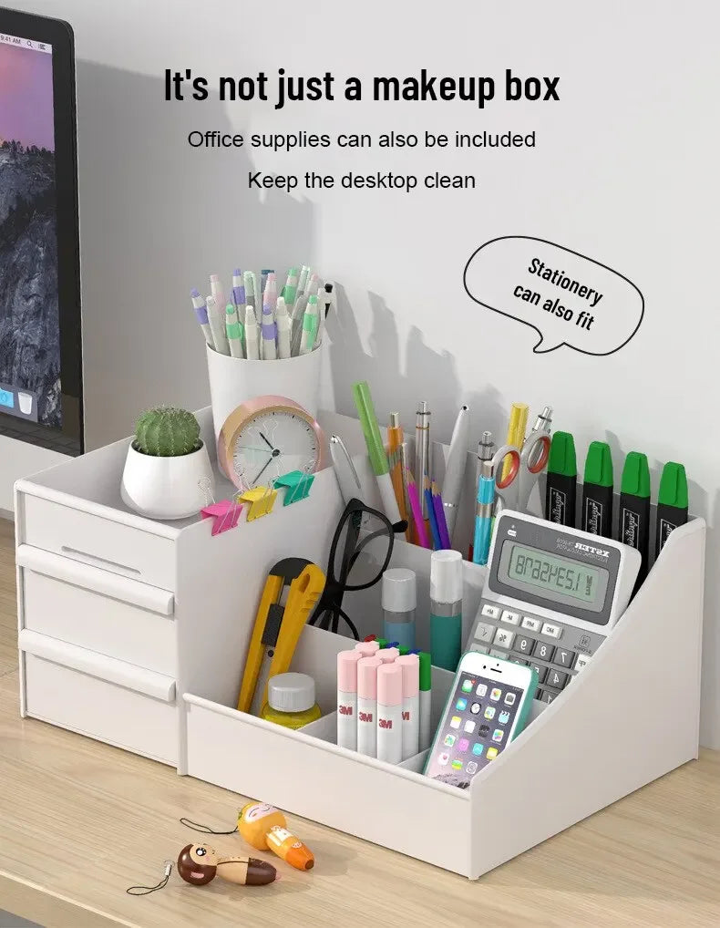 White Drawer Makeup Storage Box – Compact Dorm Organizer for Cosmetics & EssentialsCare Dressing Table Desktop