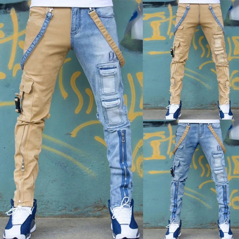 Men’s Patchwork Denim Jeans – Slim Fit Cargo Style Pants with Zipper Pockets | UniVibe Shop