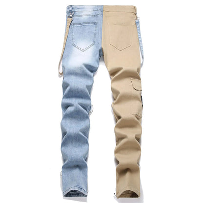 Men’s Patchwork Denim Jeans – Slim Fit Cargo Style Pants with Zipper Pockets | UniVibe Shop