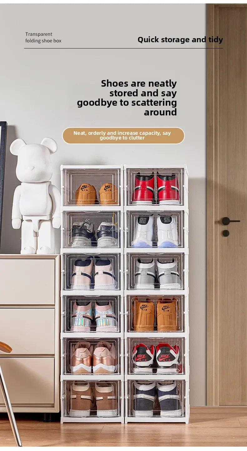 Foldable Shoe Organizer – No Assembly Stackable Dustproof Space-Saving Cabinet for Dorm or Home