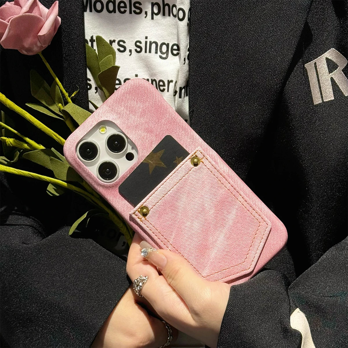 Luxury Denim Leather Card Bag Case For iPhone