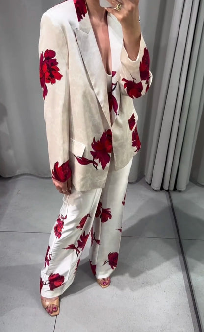 Floral Print Blazer & Pants Two-Piece Suit – Beige with Red Accents | UniVibe Shop