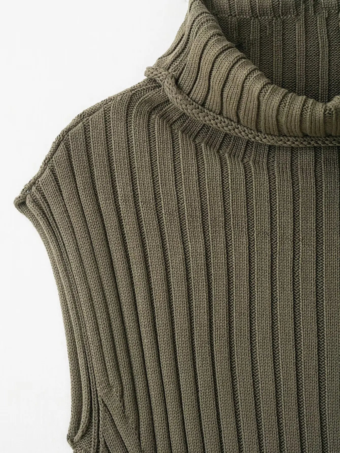 Ribbed Knit High-Neck Sleeveless Vest – Army Green