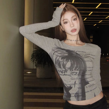 Y2K Grunge Graphic Long Sleeve Crop Top – Gray Univibeshop