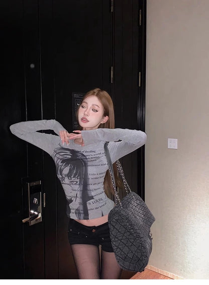 Y2K Grunge Graphic Long Sleeve Crop Top – Gray Univibeshop