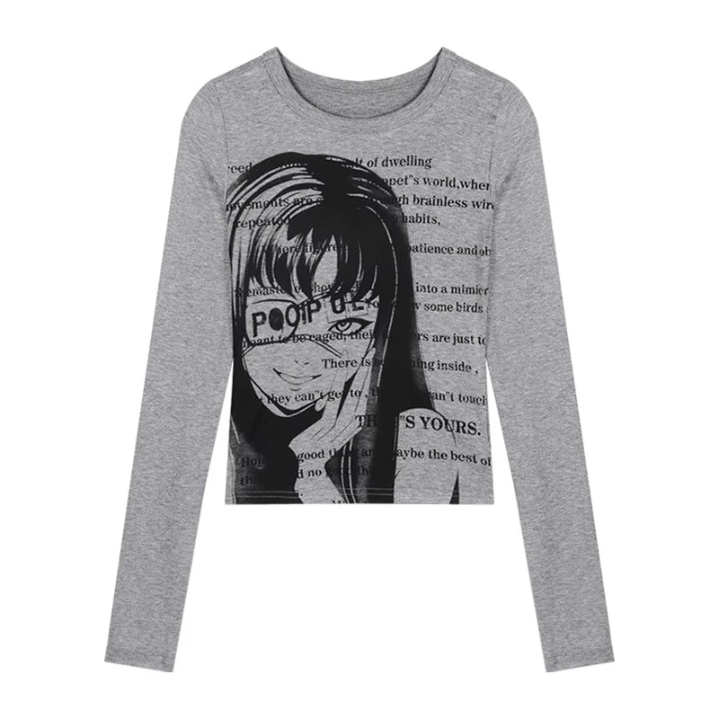 Y2K Grunge Graphic Long Sleeve Crop Top – Gray Univibeshop