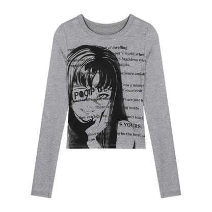 Y2K Grunge Graphic Long Sleeve Crop Top – Gray Univibeshop