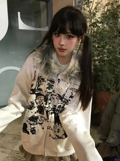 UniVibe Vintage Zip Hoodie White Print Streetwear Sweatshirt