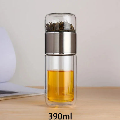 420ML Double-Layer Glass Tea Infuser Bottle – Heat-Resistant Borosilicate with Stainless Steel Lid