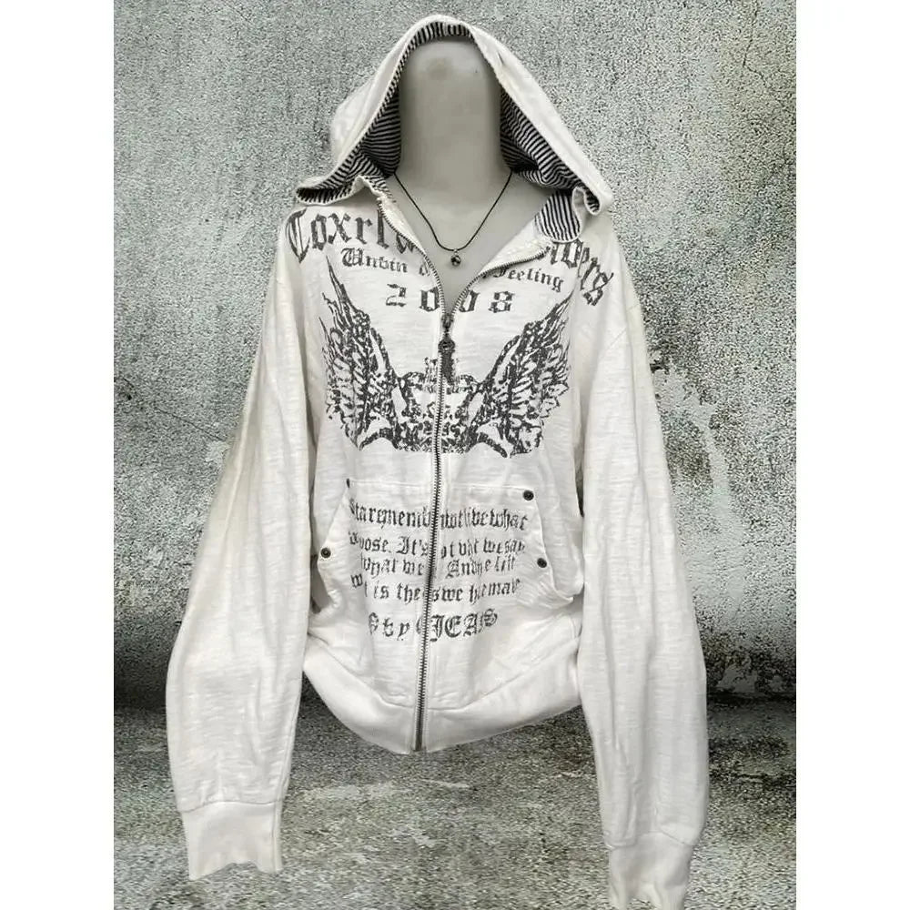 UniVibe Vintage Zip Hoodie White Print Streetwear Sweatshirt