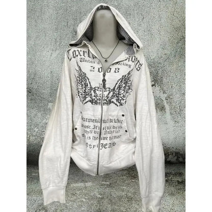 UniVibe Vintage Zip Hoodie White Print Streetwear Sweatshirt