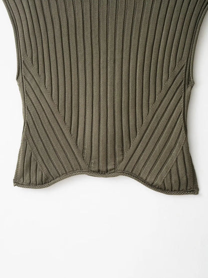 Ribbed Knit High-Neck Sleeveless Vest – Army Green