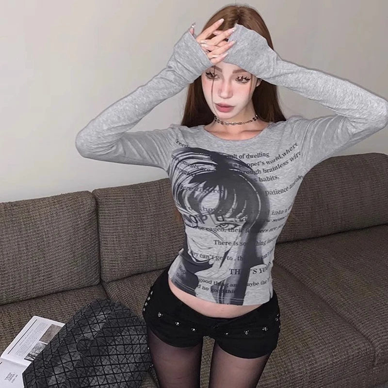 Y2K Grunge Graphic Long Sleeve Crop Top – Gray Univibeshop