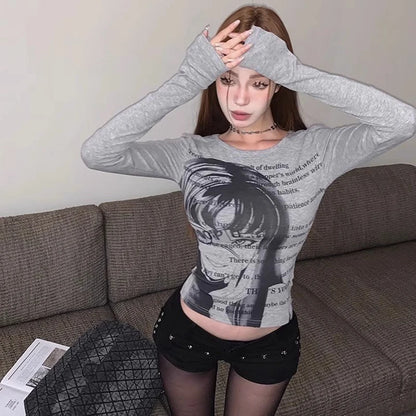 Y2K Grunge Graphic Long Sleeve Crop Top – Gray Univibeshop
