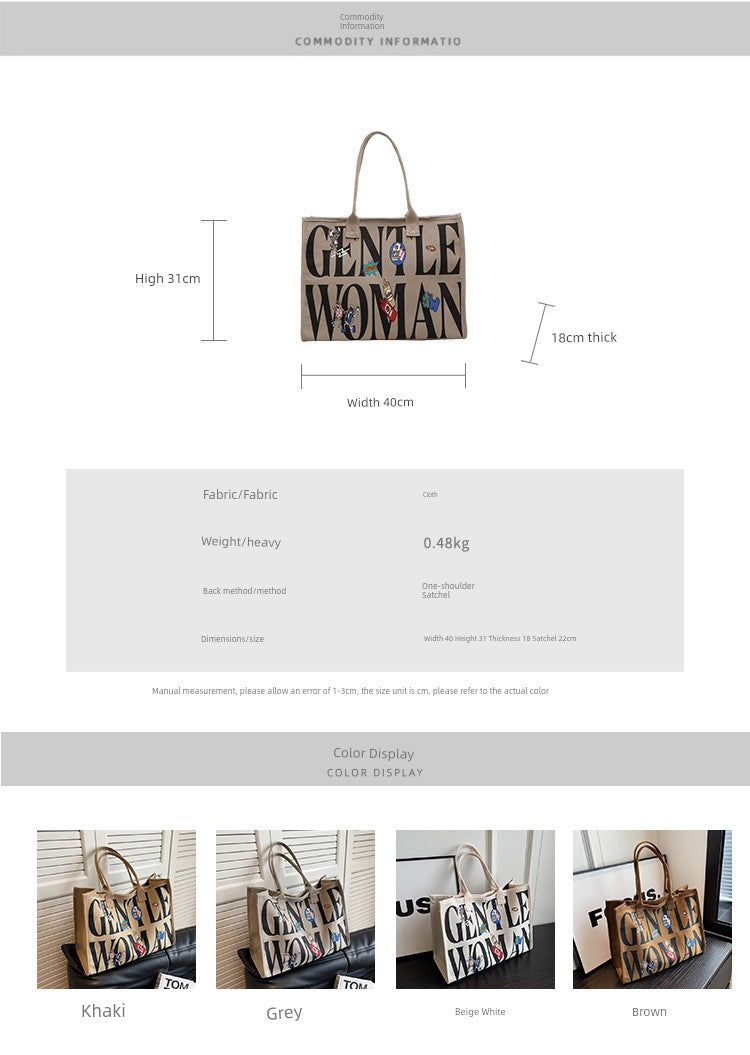 Large Capacity Canvas Tote Bag – Letter Print Shoulder & Commuter Bag | UniVibe Shop