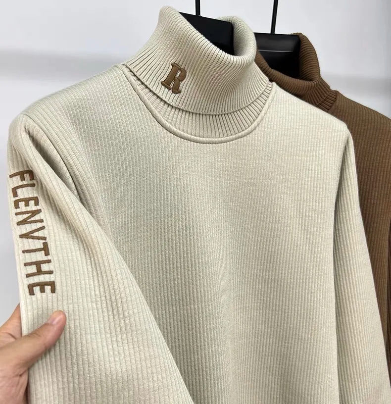 Men’s High Collar Embroidered Knit Sweater – Thickened Winter Pullover | UniVibe Shop