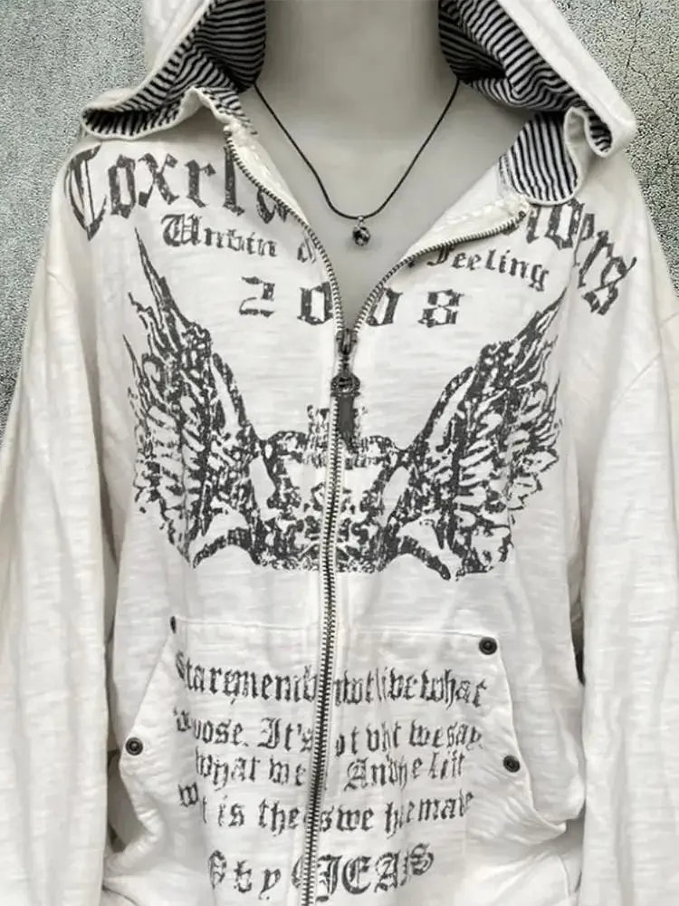 UniVibe Vintage Zip Hoodie White Print Streetwear Sweatshirt