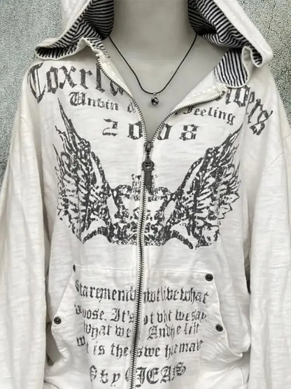 UniVibe Vintage Zip Hoodie White Print Streetwear Sweatshirt