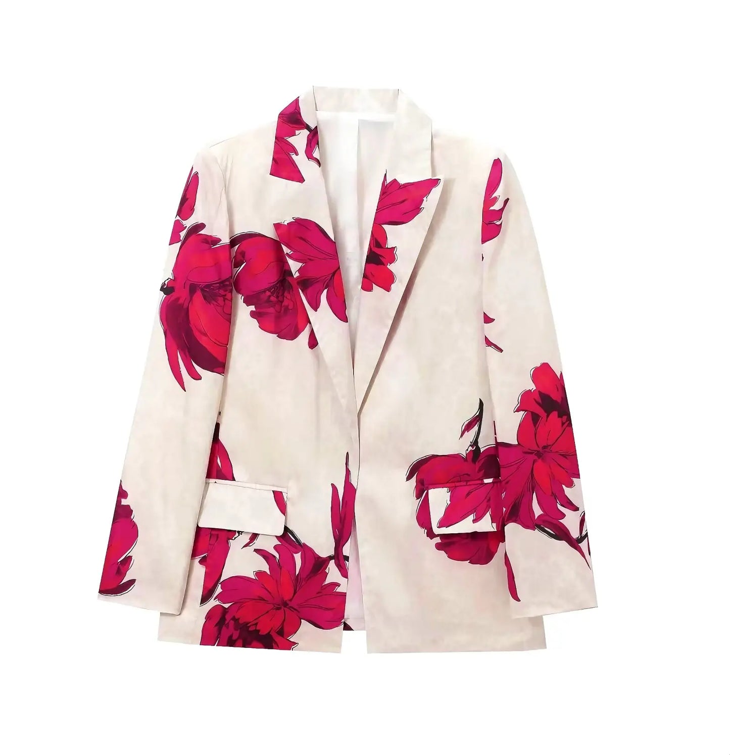Floral Print Blazer & Pants Two-Piece Suit – Beige with Red Accents | UniVibe Shop