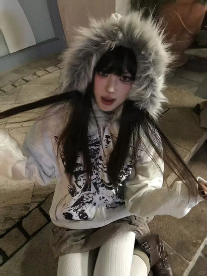 UniVibe Vintage Zip Hoodie White Print Streetwear Sweatshirt