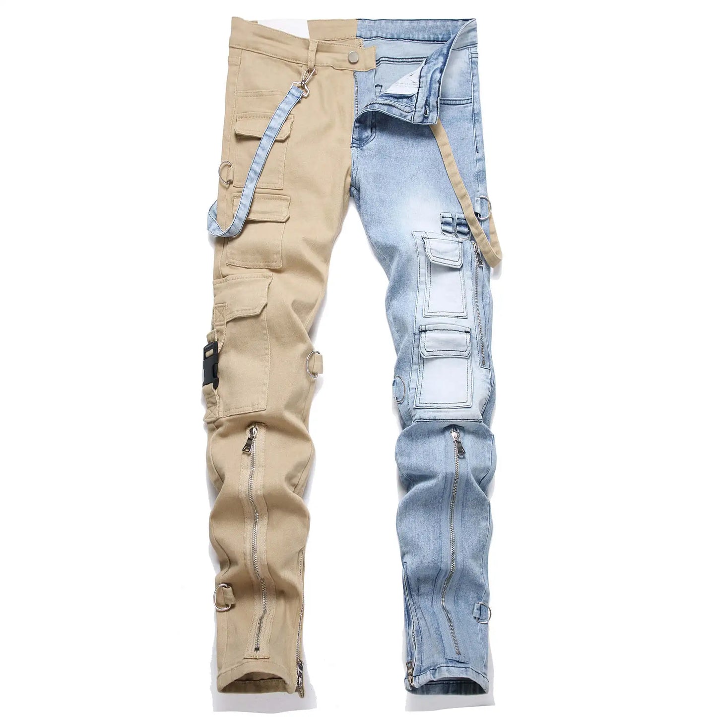 Men’s Patchwork Denim Jeans – Slim Fit Cargo Style Pants with Zipper Pockets | UniVibe Shop