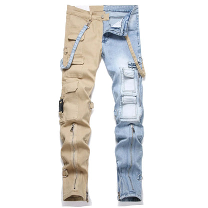Men’s Patchwork Denim Jeans – Slim Fit Cargo Style Pants with Zipper Pockets | UniVibe Shop