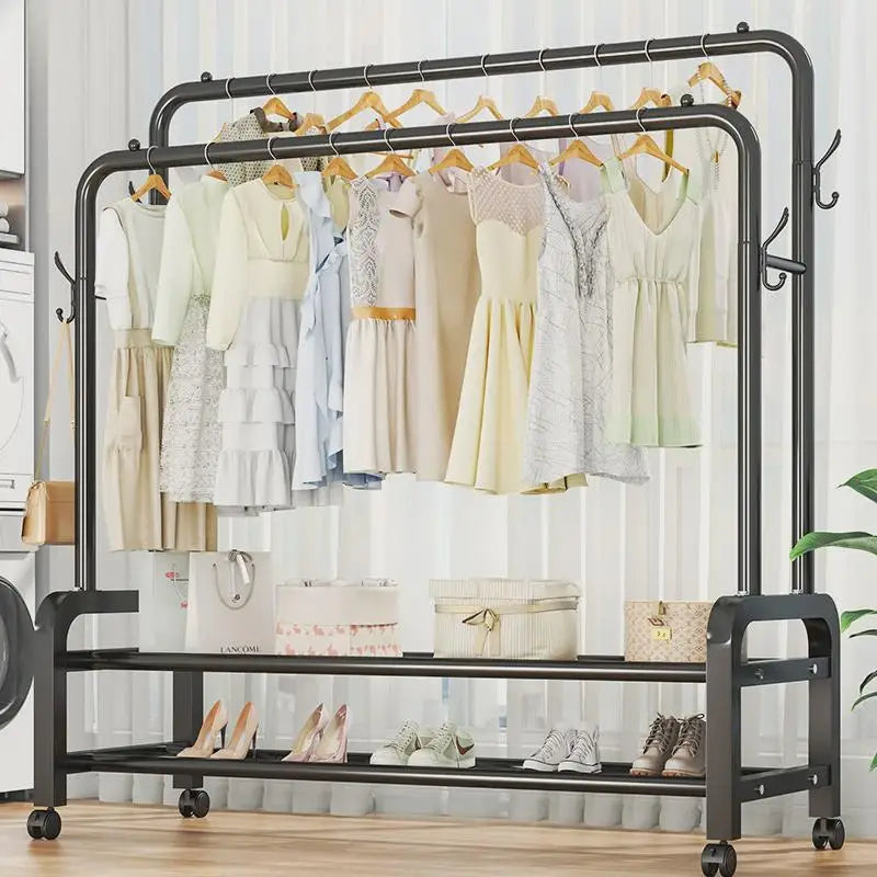 Space-saving floor-standing clothes drying rack for dorm or balcony use, great for hanging and organizing laundry.
