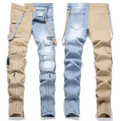 Men’s Patchwork Denim Jeans – Slim Fit Cargo Style Pants with Zipper Pockets | UniVibe Shop