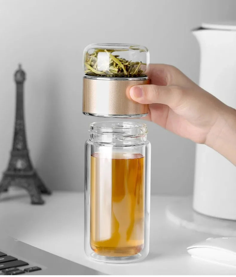 420ML Double-Layer Glass Tea Infuser Bottle – Heat-Resistant Borosilicate with Stainless Steel Lid