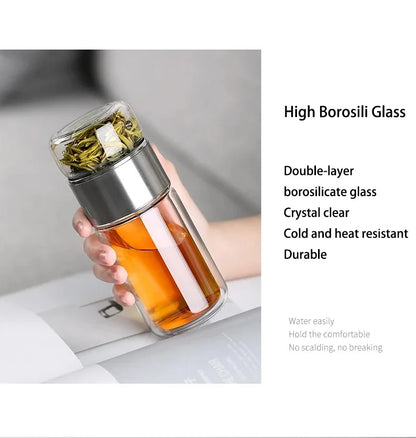 420ML Double-Layer Glass Tea Infuser Bottle – Heat-Resistant Borosilicate with Stainless Steel Lid